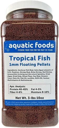 Aquatic Foods Inc. Tropical Fish 1mm - 1/32" Floating 40% Protein Pellets for Discus, Cichlids, Bettas, Guppies, Tetras, Live Bearers, Baby Koi, Smaller Tropical and Pond Fish...WL 7oz Sm Jar in Kuwait