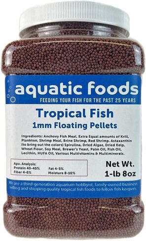 Aquatic Foods Inc. Tropical Fish 1mm - 1/32" Floating 40% Protein Pellets for Discus, Cichlids, Bettas, Guppies, Tetras, Live Bearers, Baby Koi, Smaller Tropical and Pond Fish...WL 7oz Sm Jar in Kuwait