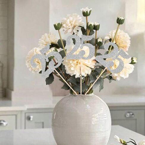 12 حزمة سيلفر 25 عيد ميلاد العصي مركزية العصي ، بريق زخارف حفلة عيد الميلاد 25 ، رقم 25 طاولة أعلى القبعات لعيد الميلاد 25 ديكورات حفل زفاف حفل زفاف in Kuwait