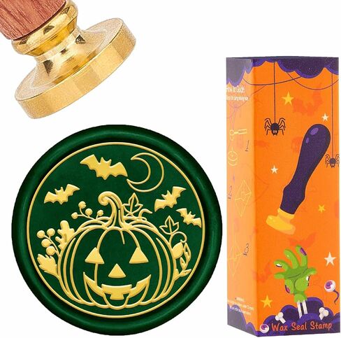 Craspire Pumpkin Wax Seal Stamp Halloween Wax Stamp 3cm Retro Vintage Holiday Bats Moon Moon Removable Golden Metal Brass Head مع مقبض خشبي لبطاقات الدعوات زجاجة زجاجة زجاجة in Saudi Arabia