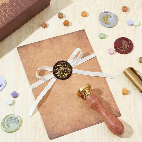 Craspire Pumpkin Wax Seal Stamp Halloween Wax Stamp 3cm Retro Vintage Holiday Bats Moon Moon Removable Golden Metal Brass Head مع مقبض خشبي لبطاقات الدعوات زجاجة زجاجة زجاجة in Saudi Arabia