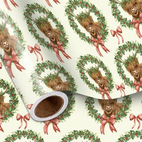 Lezakaa Christmas Rapping Paper Roll ، Highland Cow in Holiday Wreath Bow Design Green Design ، Flug Rustic Gift Wrap for Christmas Farmhouse Holiday ، for Family Friends Kids ، Mini Roll 17 in x 16.4 ft in Kuwait