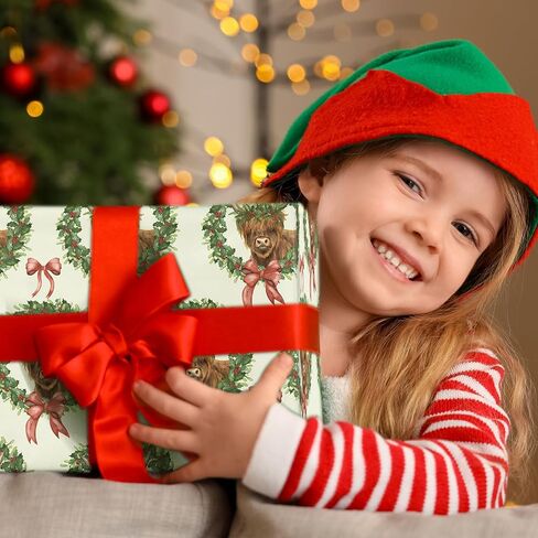 Lezakaa Christmas Rapping Paper Roll ، Highland Cow in Holiday Wreath Bow Design Green Design ، Flug Rustic Gift Wrap for Christmas Farmhouse Holiday ، for Family Friends Kids ، Mini Roll 17 in x 16.4 ft in Kuwait