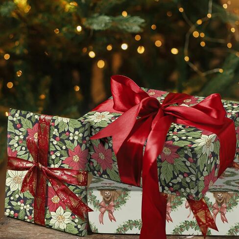 Lezakaa Christmas Rapping Paper Roll ، Highland Cow in Holiday Wreath Bow Design Green Design ، Flug Rustic Gift Wrap for Christmas Farmhouse Holiday ، for Family Friends Kids ، Mini Roll 17 in x 16.4 ft in Kuwait