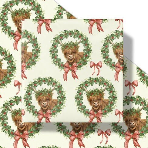 Lezakaa Christmas Rapping Paper Roll ، Highland Cow in Holiday Wreath Bow Design Green Design ، Flug Rustic Gift Wrap for Christmas Farmhouse Holiday ، for Family Friends Kids ، Mini Roll 17 in x 16.4 ft in Kuwait
