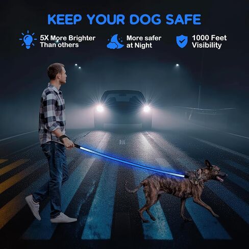 Candofly 4 قدم LED Dog Cog ، USB قابلة لإعادة الشحن مقود الكلب ، 3 أوضاع إضاءة ، توهج في نمط العسل النايلون العاكس الأليفة مع الأضواء للمشي الليل (الأزرق) in Kuwait