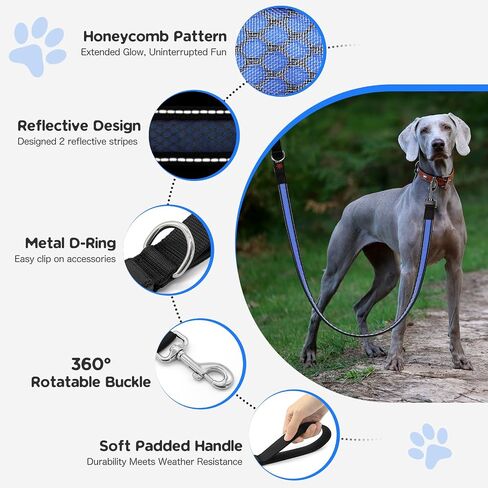 Candofly 4 قدم LED Dog Cog ، USB قابلة لإعادة الشحن مقود الكلب ، 3 أوضاع إضاءة ، توهج في نمط العسل النايلون العاكس الأليفة مع الأضواء للمشي الليل (الأزرق) in Kuwait
