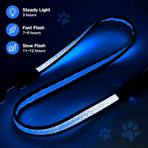 Candofly 4 قدم LED Dog Cog ، USB قابلة لإعادة الشحن مقود الكلب ، 3 أوضاع إضاءة ، توهج في نمط العسل النايلون العاكس الأليفة مع الأضواء للمشي الليل (الأزرق) in Kuwait