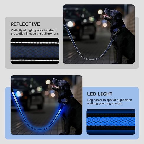 Candofly 4 قدم LED Dog Cog ، USB قابلة لإعادة الشحن مقود الكلب ، 3 أوضاع إضاءة ، توهج في نمط العسل النايلون العاكس الأليفة مع الأضواء للمشي الليل (الأزرق) in Kuwait