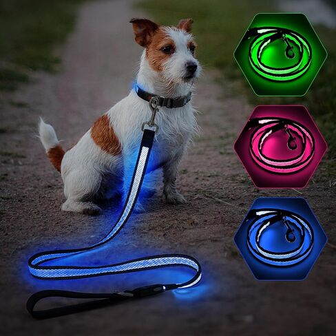 Candofly 4 قدم LED Dog Cog ، USB قابلة لإعادة الشحن مقود الكلب ، 3 أوضاع إضاءة ، توهج في نمط العسل النايلون العاكس الأليفة مع الأضواء للمشي الليل (الأزرق) in Kuwait