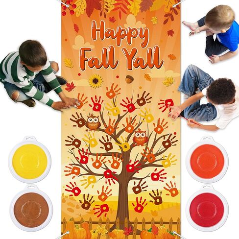 71 x 35 Inch Happy Fall Y'all Door Cover DIY Colorful Handprint Craft with 4 PCS Large Ink Pads Banner Backdrop for Thanksgiving Autumn Photo Background Wall Classroom Activity Bulletin Board Décor in Saudi Arabia