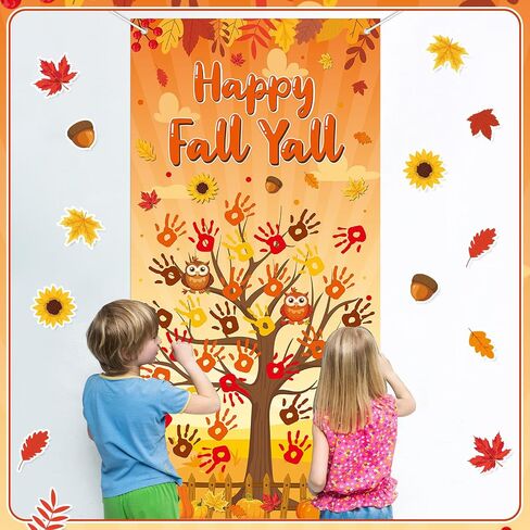 71 x 35 Inch Happy Fall Y'all Door Cover DIY Colorful Handprint Craft with 4 PCS Large Ink Pads Banner Backdrop for Thanksgiving Autumn Photo Background Wall Classroom Activity Bulletin Board Décor in Saudi Arabia