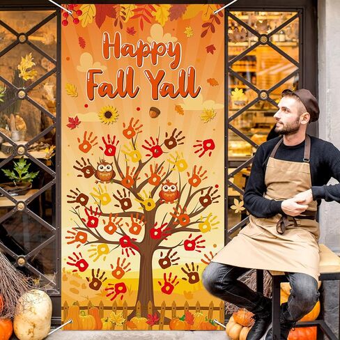 71 x 35 Inch Happy Fall Y'all Door Cover DIY Colorful Handprint Craft with 4 PCS Large Ink Pads Banner Backdrop for Thanksgiving Autumn Photo Background Wall Classroom Activity Bulletin Board Décor in Saudi Arabia