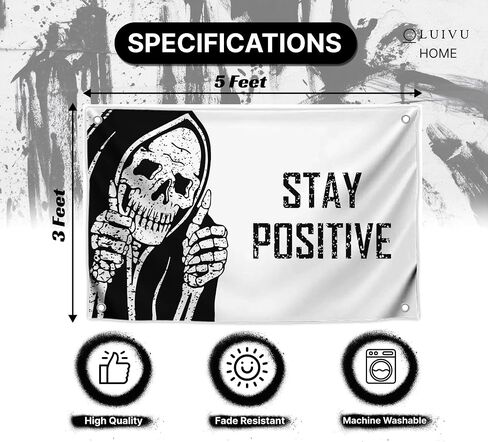 3x5 Feet Funny Flag "Stay Positive" with Four Brass Grommets - Vintage Skull Wall Decor for Home - Retro Halloween Decoration for Bedroom - Cool Wall Flags for College Dorm or Office in Saudi Arabia