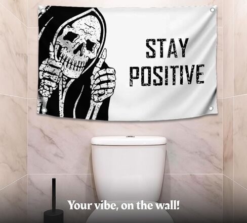 3x5 Feet Funny Flag "Stay Positive" with Four Brass Grommets - Vintage Skull Wall Decor for Home - Retro Halloween Decoration for Bedroom - Cool Wall Flags for College Dorm or Office in Saudi Arabia