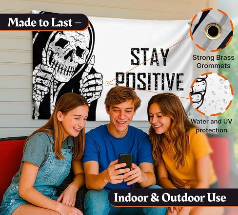 3x5 Feet Funny Flag "Stay Positive" with Four Brass Grommets - Vintage Skull Wall Decor for Home - Retro Halloween Decoration for Bedroom - Cool Wall Flags for College Dorm or Office in Saudi Arabia