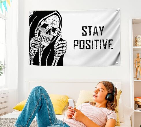 3x5 Feet Funny Flag "Stay Positive" with Four Brass Grommets - Vintage Skull Wall Decor for Home - Retro Halloween Decoration for Bedroom - Cool Wall Flags for College Dorm or Office in Saudi Arabia