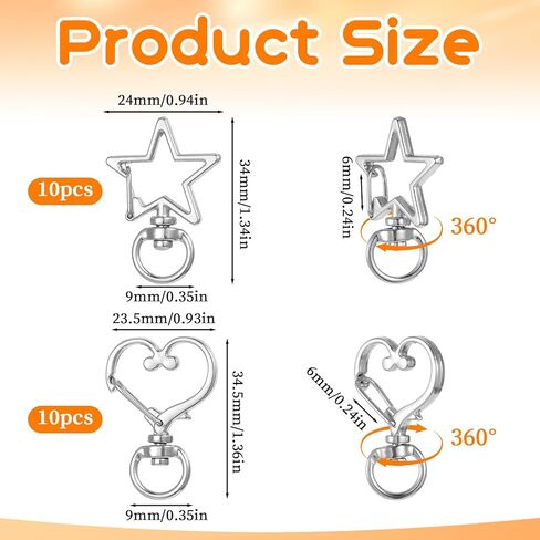 Star Keychain Clasp Heart Keychain Clip, 20Pcs Silver Swivel Lobster Clasp Alloy Spring Snap Clips Swivel Snap Hook Keychains for Handmade Keychains Making DIY Craft in Kuwait