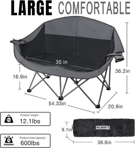 WILDROOTS Outdoor Folding Double Camping Chair Adults 2 Person,Heavy Duty 600 LBS Loveseat with 2 Cup Holder,Portable Carry Bag Included for Camping,Lawn,Backyard,Movie in Saudi Arabia