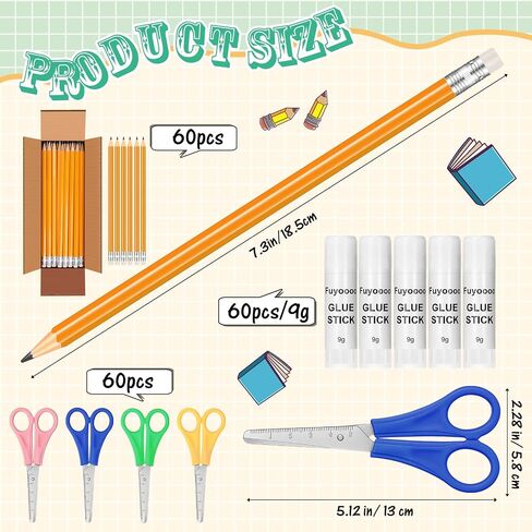180 PCS School Supplies Bulk 60 Safety Blunt Tip Scissors 60 White Glue Stick 60 Sharpened #2 Hb Wood Pencils with Erasers Back to Schools for Party Fivors Classroom in Saudi Arabia