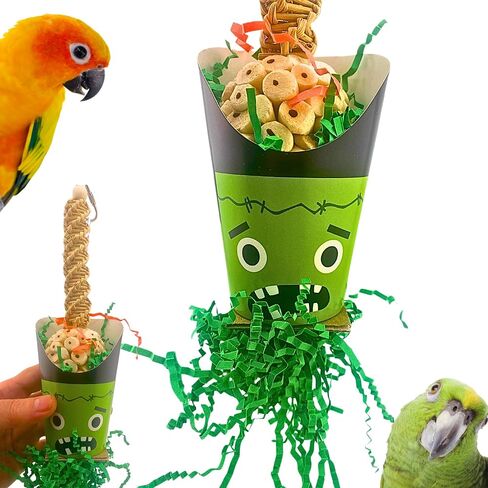 Bonka Bird Toys Halloween Ghoulish Treat Cups Sola Atta Chew Shred Parrot Cage Toy, Conure, Ringneck, Quaker, Cockatiel, and Similar Breed Sizes (2706 Frankenstein) in Kuwait