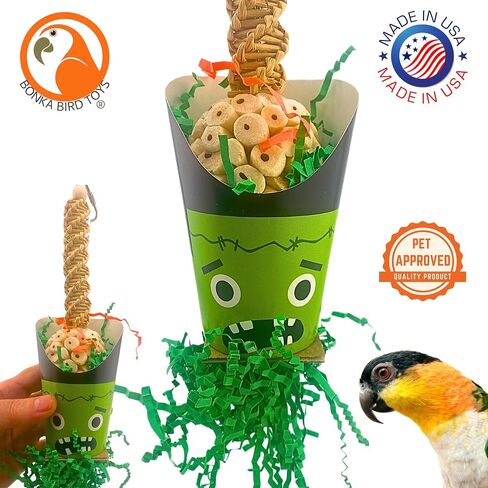 Bonka Bird Toys Halloween Ghoulish Treat Cups Sola Atta Chew Shred Parrot Cage Toy, Conure, Ringneck, Quaker, Cockatiel, and Similar Breed Sizes (2706 Frankenstein) in Kuwait