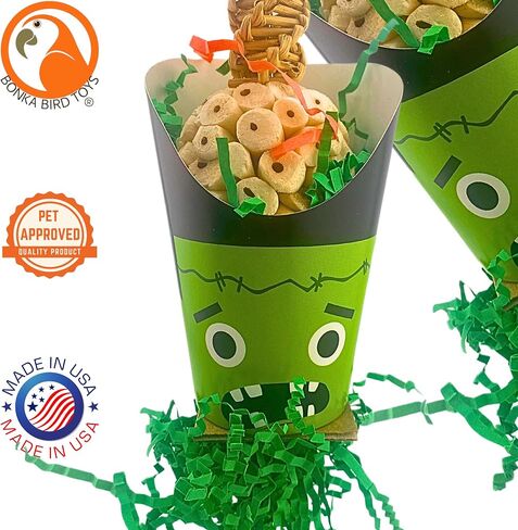 Bonka Bird Toys Halloween Ghoulish Treat Cups Sola Atta Chew Shred Parrot Cage Toy, Conure, Ringneck, Quaker, Cockatiel, and Similar Breed Sizes (2706 Frankenstein) in Kuwait