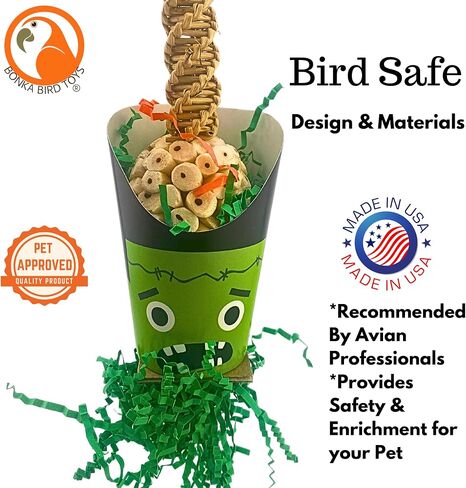Bonka Bird Toys Halloween Ghoulish Treat Cups Sola Atta Chew Shred Parrot Cage Toy, Conure, Ringneck, Quaker, Cockatiel, and Similar Breed Sizes (2706 Frankenstein) in Kuwait