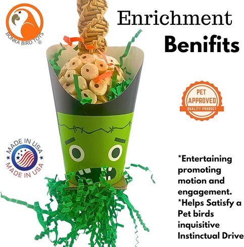 Bonka Bird Toys Halloween Ghoulish Treat Cups Sola Atta Chew Shred Parrot Cage Toy, Conure, Ringneck, Quaker, Cockatiel, and Similar Breed Sizes (2706 Frankenstein) in Kuwait