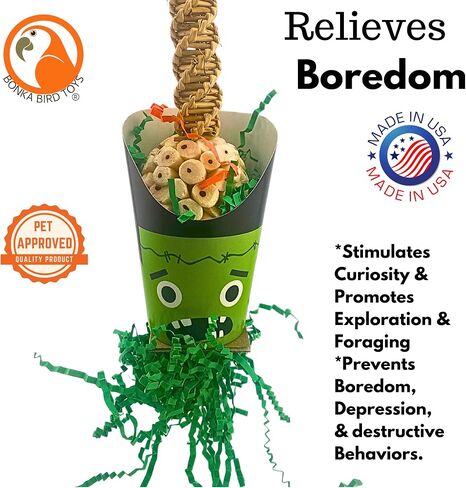 Bonka Bird Toys Halloween Ghoulish Treat Cups Sola Atta Chew Shred Parrot Cage Toy, Conure, Ringneck, Quaker, Cockatiel, and Similar Breed Sizes (2706 Frankenstein) in Kuwait