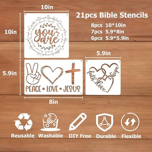 21pcs Stencils لطلاء الإستنسل المسيحية للحرف اليدوية القابلة لإعادة الاستخدام القابلة لإعادة الاستخدام قالب آية الكتاب المقدس الرسم على الحائط الخشب علامة الصخور القماش ديكور المنزل DIY in Kuwait