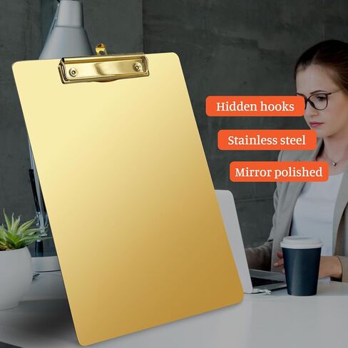 حافظة من الفولاذ المقاوم للصدأ الذهب 9x12 بوصة ، واللوحات المعدنية الشاقة مع المشبك القوي لورق بحجم A4 أو ورق الحرف ، ومقاومة للماء ومقاومة للصدأ (Golden ، A4) in Kuwait
