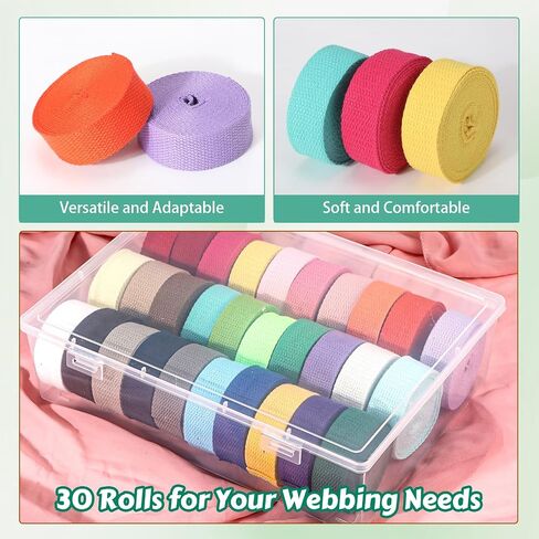 SATINIOR 30 Rolls Heavy Cotton Webbing with Box 1 Inch, 99 Yard 30 Color Mixed Polyester Cotton Webbing Strap Tote Bags Leash Straps for Making Bag Handles, Cloth Belt, Crafts Outdoor Supplies in Saudi Arabia