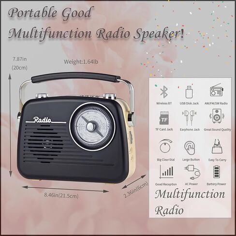 Wenpzeray D-216 AM FM SW Band Radio Portable Retro Transistor Receiver BT Speaker AC Power Battery Operated with Headphone Jack TF Card Jack USB Jack Suitable for Home or Outdoor (Black) in Kuwait
