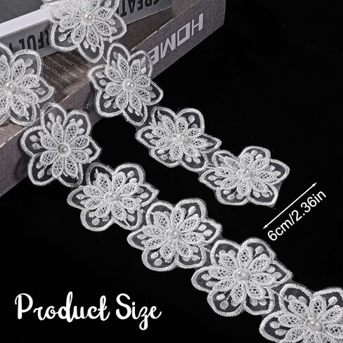 3 ياردات 3D لؤلؤة زهرة الدانتيل الشريط ، زهرة بيضاء تقليم الدانتيل زخارف الزخارف ل DIY الخياطة الحرف اليدوية فستان الزفاف ديكور المنزل in Kuwait
