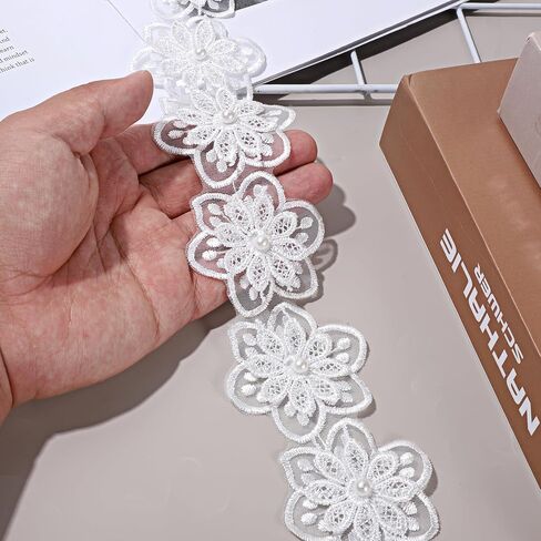 3 ياردات 3D لؤلؤة زهرة الدانتيل الشريط ، زهرة بيضاء تقليم الدانتيل زخارف الزخارف ل DIY الخياطة الحرف اليدوية فستان الزفاف ديكور المنزل in Kuwait