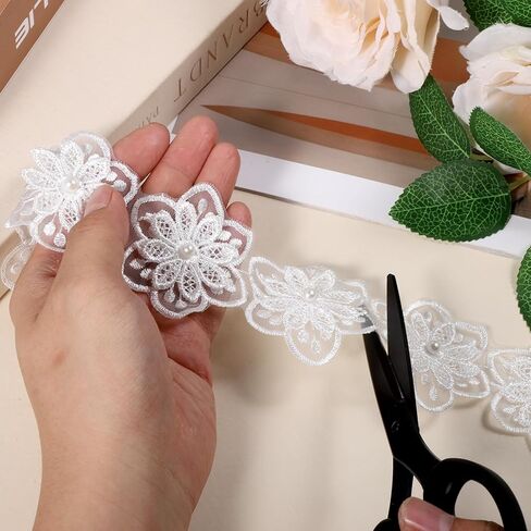 3 ياردات 3D لؤلؤة زهرة الدانتيل الشريط ، زهرة بيضاء تقليم الدانتيل زخارف الزخارف ل DIY الخياطة الحرف اليدوية فستان الزفاف ديكور المنزل in Kuwait