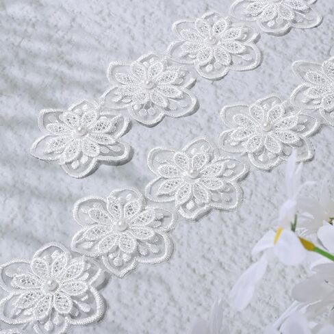 3 ياردات 3D لؤلؤة زهرة الدانتيل الشريط ، زهرة بيضاء تقليم الدانتيل زخارف الزخارف ل DIY الخياطة الحرف اليدوية فستان الزفاف ديكور المنزل in Kuwait