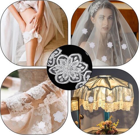 3 ياردات 3D لؤلؤة زهرة الدانتيل الشريط ، زهرة بيضاء تقليم الدانتيل زخارف الزخارف ل DIY الخياطة الحرف اليدوية فستان الزفاف ديكور المنزل in Kuwait