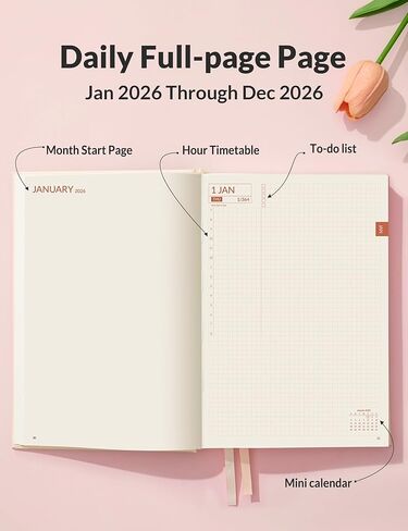 Sunee 2026 Daily Planner A5 Hardcover - منظم الجدول الزمني للساعة مع علامات تبويب شهرية ومتتبع المهام - دفتر إدارة وقت الغلاف البيج للعمل والمدرسة والأهداف الشخصية in Kuwait