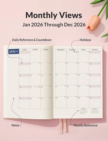 Sunee 2026 Daily Planner A5 Hardcover - منظم الجدول الزمني للساعة مع علامات تبويب شهرية ومتتبع المهام - دفتر إدارة وقت الغلاف البيج للعمل والمدرسة والأهداف الشخصية in Kuwait