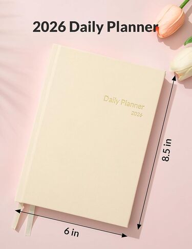 Sunee 2026 Daily Planner A5 Hardcover - منظم الجدول الزمني للساعة مع علامات تبويب شهرية ومتتبع المهام - دفتر إدارة وقت الغلاف البيج للعمل والمدرسة والأهداف الشخصية in Kuwait