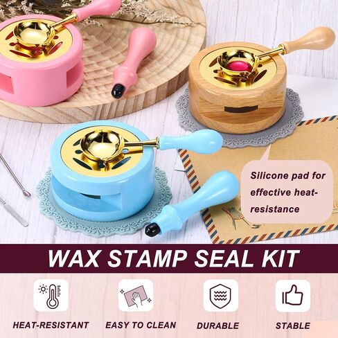 PATIKIL Wax Stamp Seal Kit, Wax Seal Kit Include Sealing Warmer, Melting Spoon, Silicone Pad, Retro Melt Stove Pot Furnace Tool for Envelope Letter Mailing Crafts DIY, Wood Color/Gray in Saudi Arabia