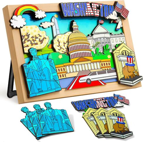 LQG Art Crafts Gift for Kids 4-8 Ages 3D Wooden City Landmark Series Frame Kit for Kids - DIY Washington Cartoon Style Puzzle Toys Perfect Wall Art and Tabletop Decoration in Saudi Arabia