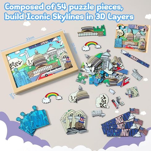 LQG Art Crafts Gift for Kids 4-8 Ages 3D Wooden City Landmark Series Frame Kit for Kids - DIY Washington Cartoon Style Puzzle Toys Perfect Wall Art and Tabletop Decoration in Saudi Arabia