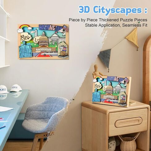 LQG Art Crafts Gift for Kids 4-8 Ages 3D Wooden City Landmark Series Frame Kit for Kids - DIY Washington Cartoon Style Puzzle Toys Perfect Wall Art and Tabletop Decoration in Saudi Arabia