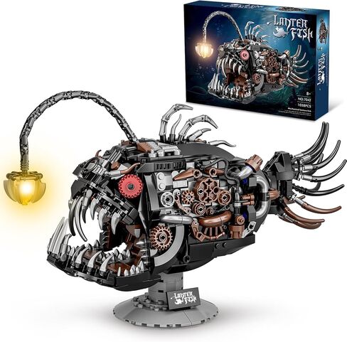 Steampunk Mechanical Lantern Fish Building Set with Light, Creative Ocean Animal Toy for Home Office Decor, Compatible with Lego for Adults, STEM Gift for Teens Kids Boys 8-14 (1038 PCS) in Saudi Arabia