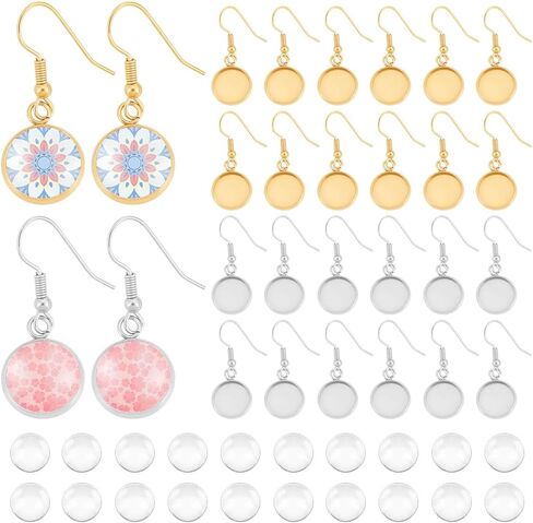 UNICRAFTALE 40 Sets 2 Colors 304 Stainless Steel Flat Round Dangle Earring Making Kits Tray 12mm Blank Dome Dangle Earrings Transparent Glass Cabochon with Ear Hooks for DIY Jewelry Making in Saudi Arabia
