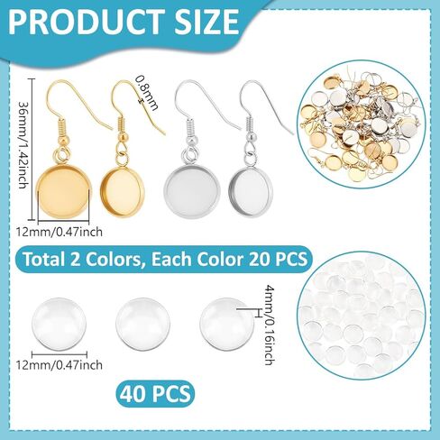 UNICRAFTALE 40 Sets 2 Colors 304 Stainless Steel Flat Round Dangle Earring Making Kits Tray 12mm Blank Dome Dangle Earrings Transparent Glass Cabochon with Ear Hooks for DIY Jewelry Making in Saudi Arabia