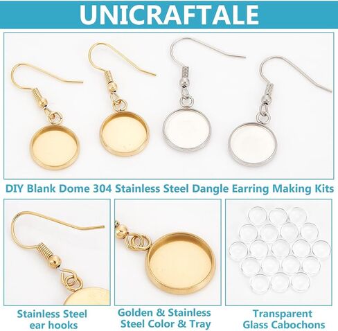 UNICRAFTALE 40 Sets 2 Colors 304 Stainless Steel Flat Round Dangle Earring Making Kits Tray 12mm Blank Dome Dangle Earrings Transparent Glass Cabochon with Ear Hooks for DIY Jewelry Making in Saudi Arabia
